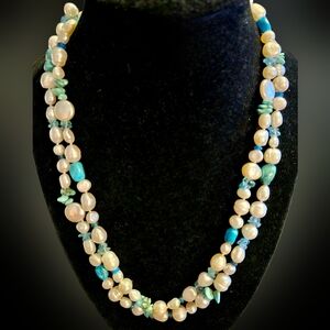 Honora 925 Pearl, Blue Topaz, & Turquoise Necklace NWT (40 inches)
